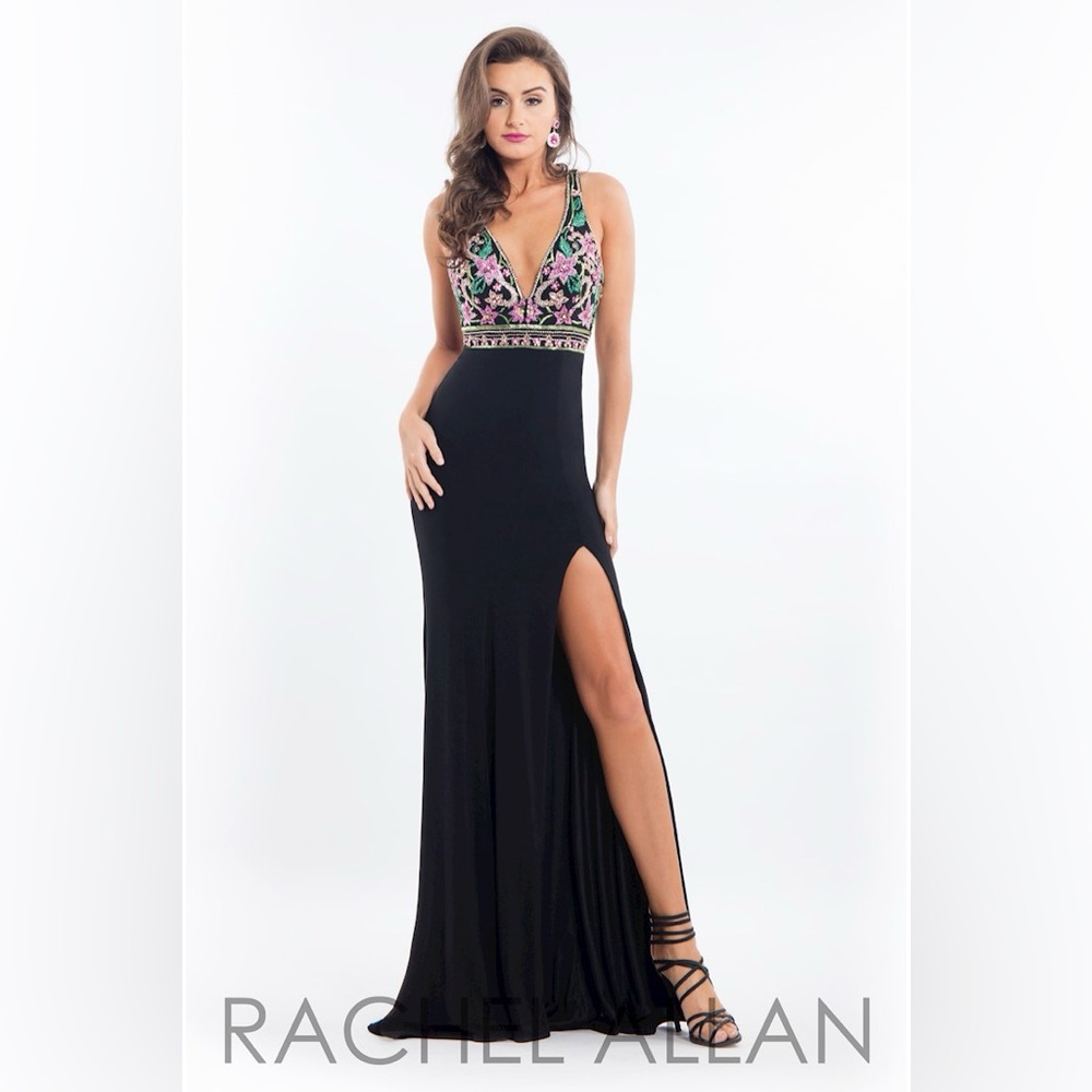 Rachel Allan Black and Multicolor Embellished Gown